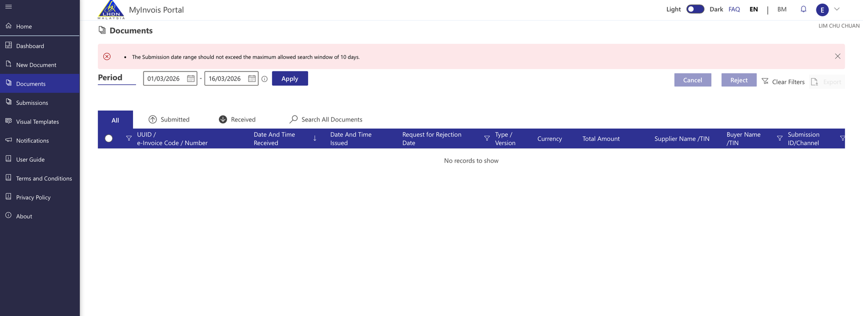 MyInvois portal error: submission date range cannot exceed 10 days, no records to show