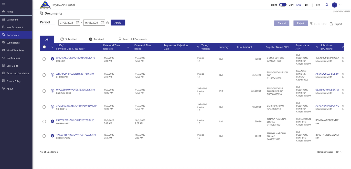 MyInvois portal listing supplier e-invoices within a valid date window